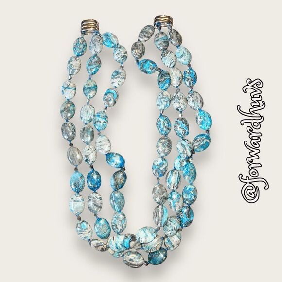 Triple Strand Polished Blue Agate Stone Necklace - Picture 8 of 13
